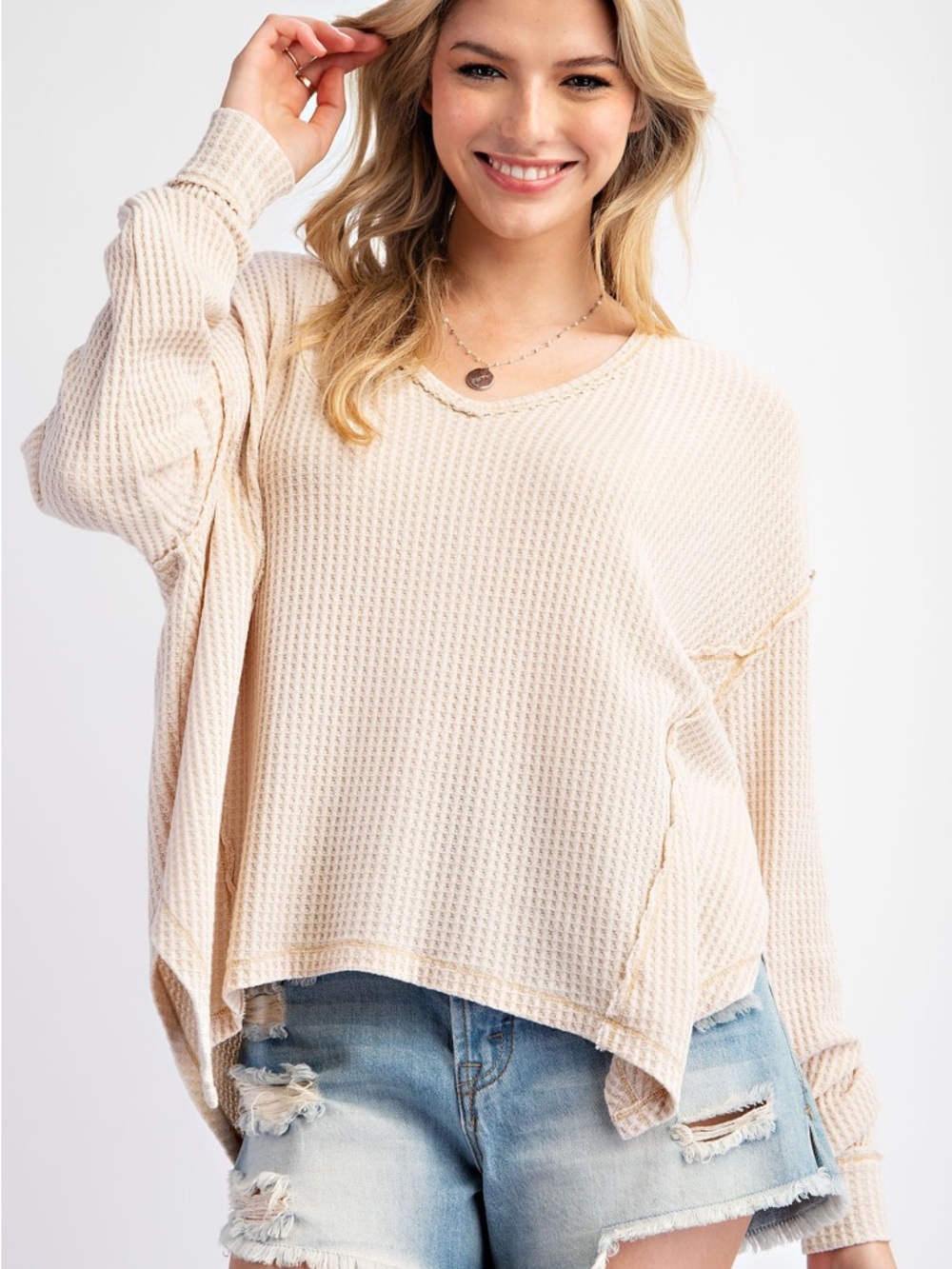 easel Cream Waffle Knit V-Neck Relaxed Long Sleeve Top
